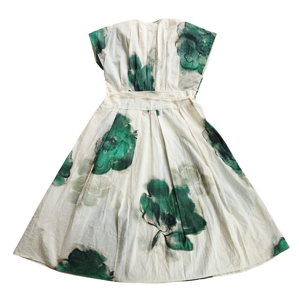Zara Green Floral Cotton V-Neck Midi Dress Tie Waist Pleated Cream Size XL - Picture 3 of 8
